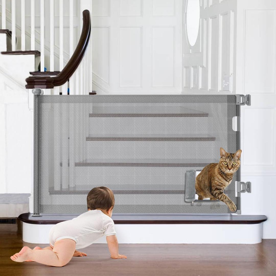 Retractable Baby Gates, Pet Gate with Cat Door - 33" Tall, Extends to 55" Wide Dog Gate for Stairs, Mesh Baby Gate with Door for Cats/Small Dogs, Easy Install for Doorways, Indoor &Outdoor
