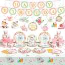 Havawish 140 Pcs Floral Tea Party Birthday Decorations Girls Floral Tea Party Paper Plates Napkins Cups Tableware Set Birthday Banner Tablecloths Hanging Swirls for Teapot Shower Supplies