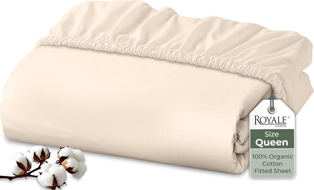 Royale Linens 100% Organic Cotton Fitted Sheet - Percale Weave - Super Soft Deep Pocket Bottom Sheets - Cream Elastic Sheet Queen Size - Queen Fitted Sheets Only - (60"x80"+15", Cream)