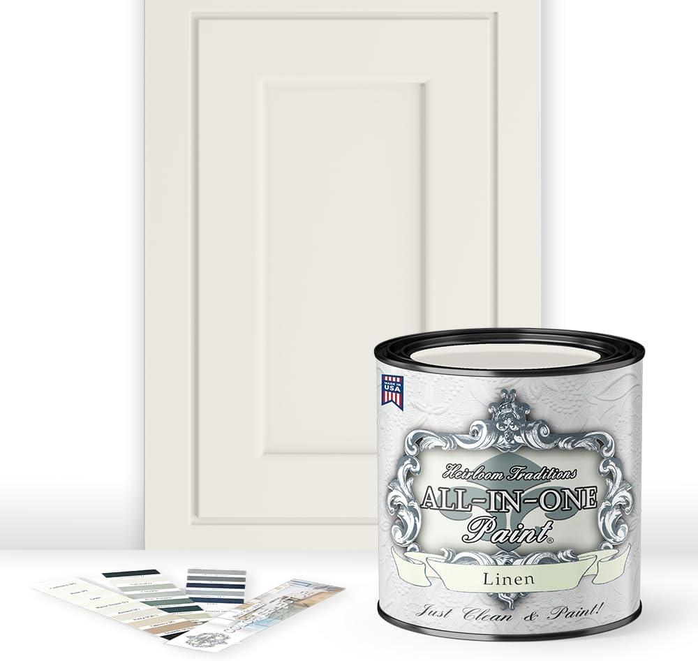 ALL-IN-ONE Paint, Durable cabinet and furniture paint. Built in primer and top coat, no sanding needed. Includes our 30 featured color card - Linen (off-white), Quart