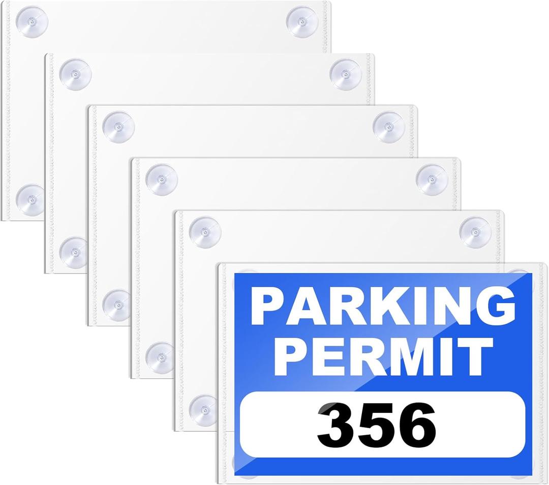 Thenshop 6 Pcs Parking Permit Holder Clear Parking Pass Sticker Holder for Car Windshield PVC Removable Sun Protection Tag Pouch Pocket with 24 Pcs Strong Suction Cups for Car Window, 8.7 x 5.9 Inch