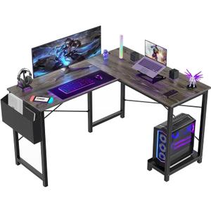 Sweetcrispy L Shaped Desk Gaming Computer 50 Inch Reversible Corner PC Work Table for Writing Study Student with Wood Tabletop Metal Frame CPU Stand Side Bag for Home Office Small Space, Grey