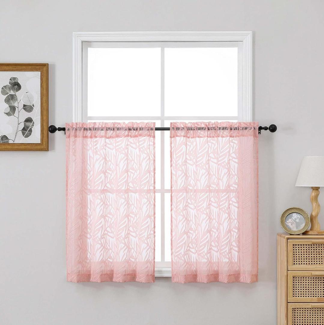 OVZME Textured Blush Pink Sheer Curtains Tier 36 inch Length 2 Panels, Light Filtering Elegant Farmhouse Short Sheer Curtains for Bedroom Basement Small Window, Dual Rod Pocket, 2x30Wx36L Inches