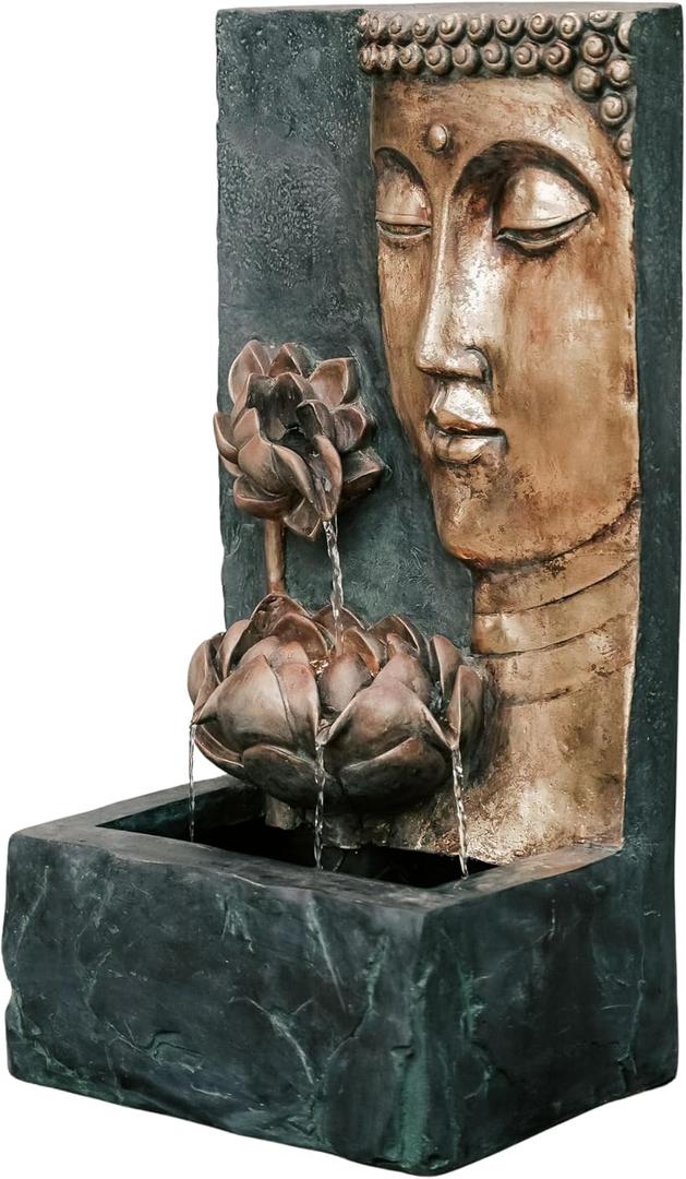 XBrand 30" H Zen Buddha Face Water Fountain w/LED Light & Pump, Indoor/Outdoor Freestanding, Relaxing Zen Dcor, Bronze and Natural Grey Polyresin Fountain for Home Patio Garden Backyard