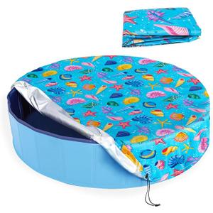 Docuwee Round Dog Pool Cover 63"(5ft), Foldable Kiddie Solar Cover Fit Dog Collapsible Swimming Pool, Pets Kids Bath Tub, AntiUV Dust-proof Safety Pool Covers, Starfish Patterns