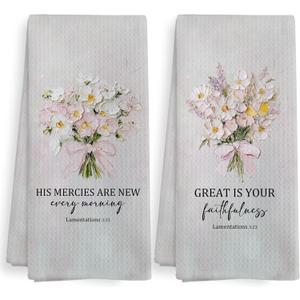 Christian Tea Towel, Wildflower Bible Verse Scripture Decor Dish Hand Towels for Bathroom Kitchen, Pink Vintage Christian Floral Decorative Kitchen Towels and Dishcloths Sets of 2, 16x24Inch