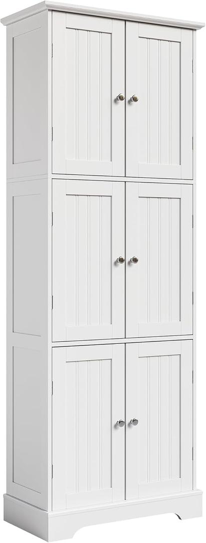 ChooChoo Tall Bathroom Storage Cabinet with 6 Doors, Freestanding Floor Cabinet with Adjustable Shelves, White Pantry Cabinet for Bathroom, Kitchen, Laundry Room
