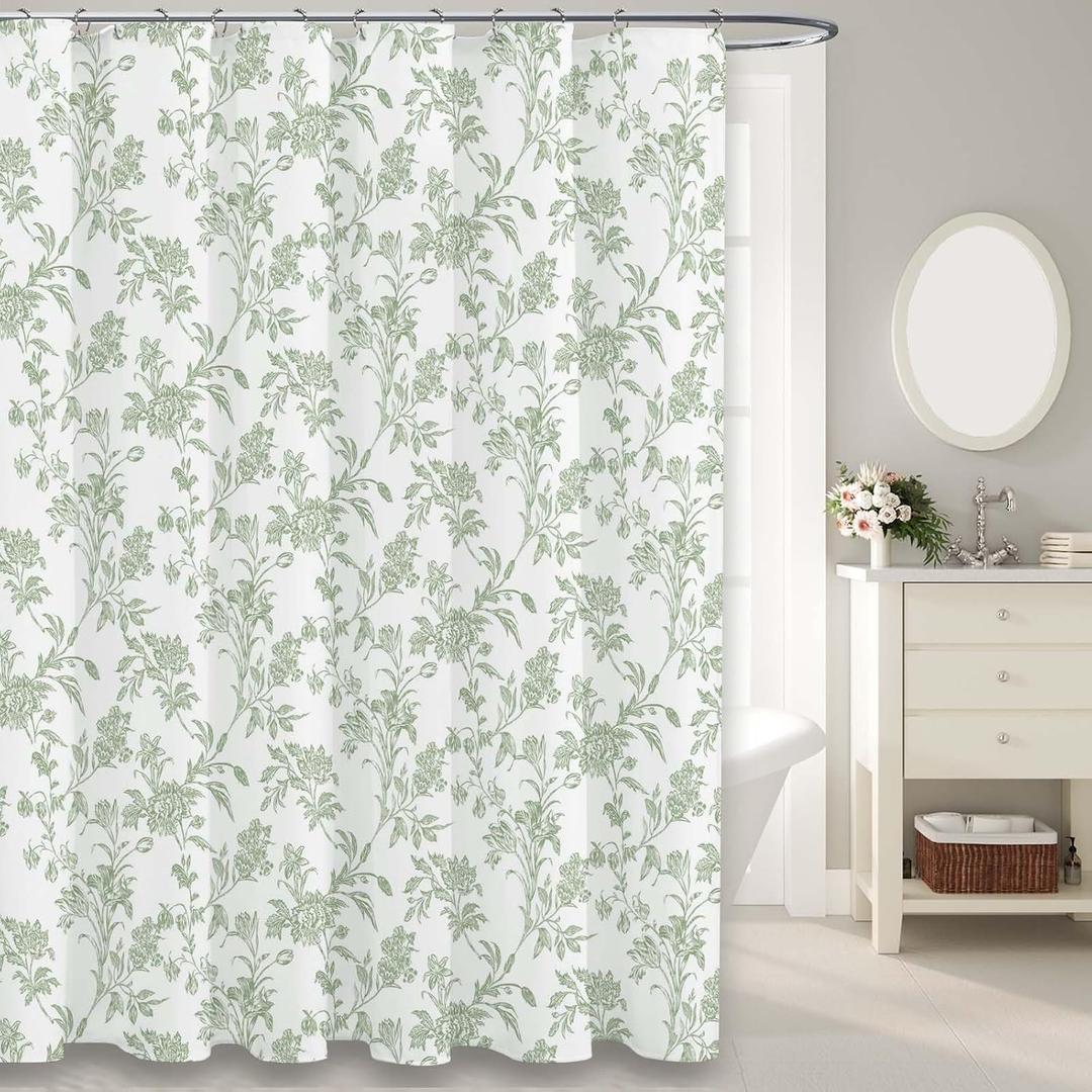 Sage Green Shower Curtain Floral Cotton Cottage core Shower Curtain for Bathroom 72" W x 84" L
