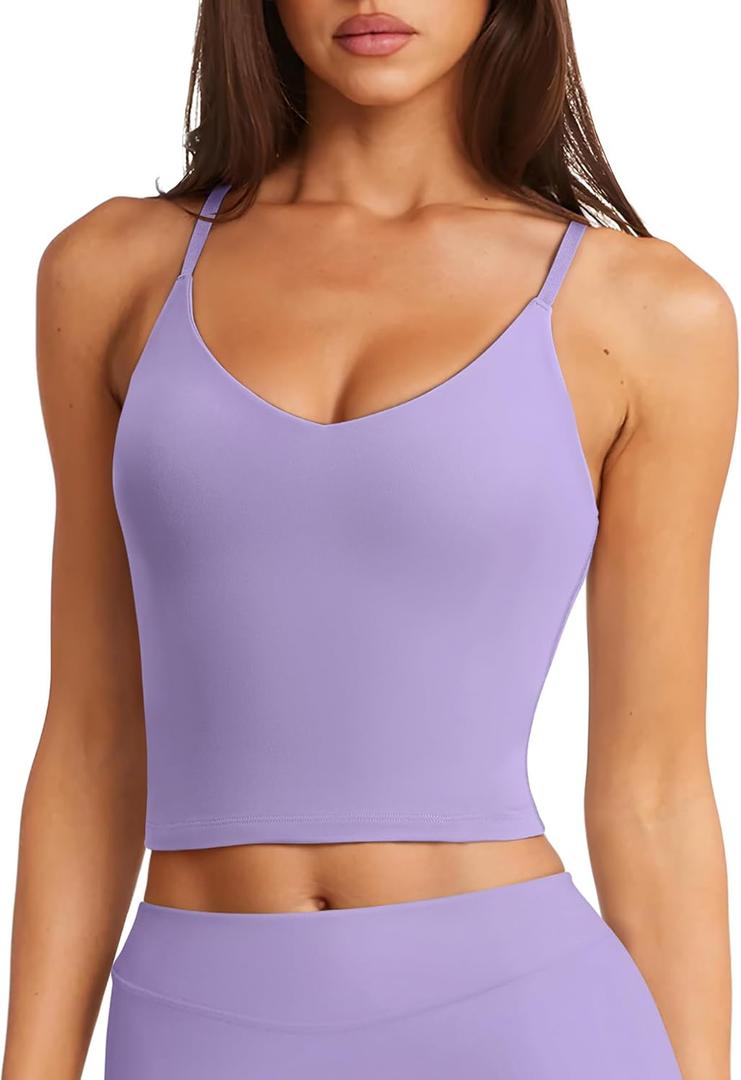 LASLULU Womens Adjustable Spaghetti Strap Sports Bra V Neck Wireless Padded Yoga Bra Camisole Workout Crop Tops (Purple, XL)
