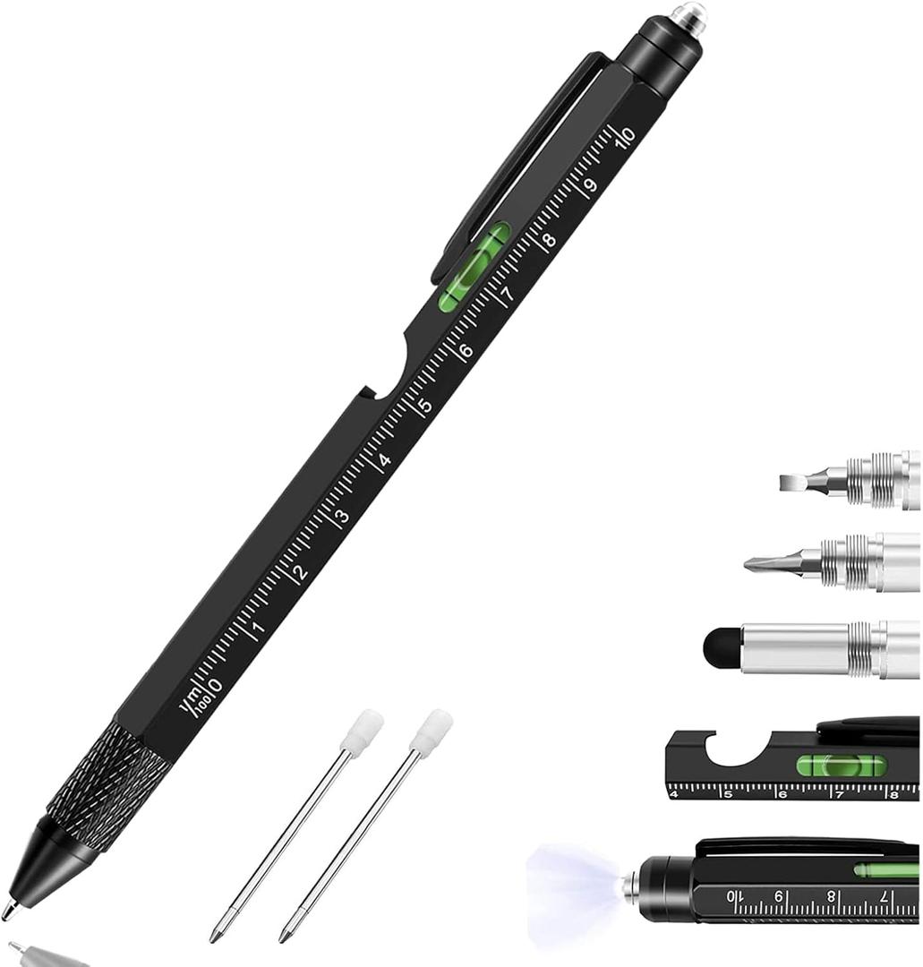 YouOKLight Multi-tool Pen Set - 9 in 1 Gift Pen for Men, Ruler (Metric, Imperial), Screwdriver (Flat, Cross), Bottle Opener, Level Gauge, Stylus, LED Flashlight