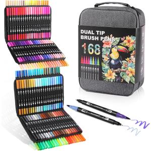 Dual Tip Markers, Brush Art Markers Set with Fine Tip and Brush Tip for Adult Coloring Book, Hand Lettering, Calligraphy & Drawing, Professional Art Supplies Kit for Adults (168 Colors)