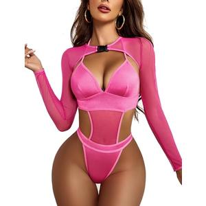 Avidlove Rave Outfits Women Exotic Teddy Bodysuit Sheer Crop Top and Bodysut Set, M