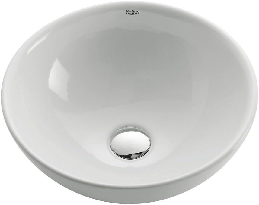 KRAUS 16-inch Round White Porcelain Ceramic Bathroom Vessel Sink and Ramus Faucet Combo Set with Pop-Up Drain, Satin Nickel C-KCV-141-1007SN