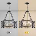 20'' Farmhouse Chandelier, 4-Light Black and Gold Dining Room Light Fixture Over Table, Rustic Industrial Drum Hanging Pendant Lights Fixture for Kitchen Island Living Room Bedroom Hallway Entryway