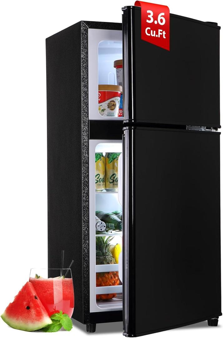 Small Refrigerator with Freezer, 3.6 Cu. Ft. Dorm Fridge with 7 Level Adjustable Thermostat, Compact Mini Fridge Freezer for Apartment, Kitchen, Office, Black( One shelf, and door broken)