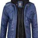 Decrum Hooded Leather Jacket Men - Real Lambksin Bomber Style Leather Jackets For Mens With Detachable Hood, Size S