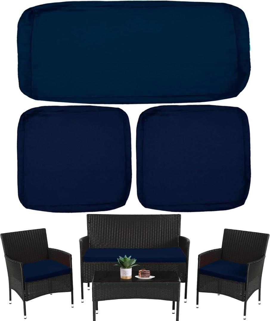 Sqodok 3 Pack Outdoor Cushion Covers Replacement, Waterproof Patio Seat Cushion Cover Fit for 4-Seater Wicker Rattan Conversation Set Loveseat Chair Couch Furniture, Cover Only, 36x18x2,18x18x2, Blue (Navy-elastic Band Style)