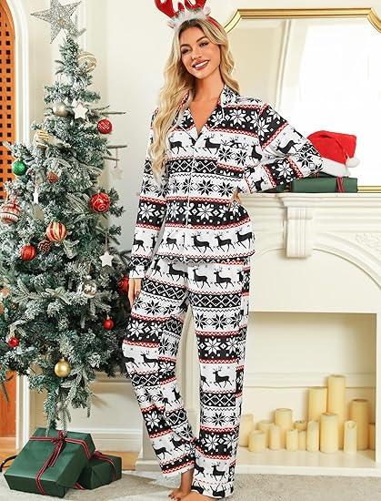 ENJOYNIGHT Couples Christmas Pajamas Sets Long Sleeve Sleepwear 1-Piece Pjs Set Button-Down Loungewear Comfy Nightwear,  M