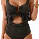 B2prity Womens One Piece Swimsuit Tummy Control Ruffled Bathing Suit V Neck Cutout Swim Suit Tie Back Swimwear (L)