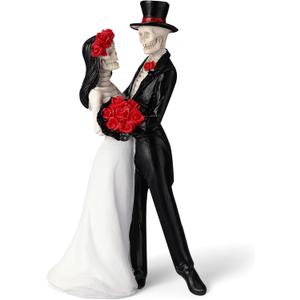LemonRoad Day-of-the-Dead Couple Skeleton Decor Bride and Groom Skeleton Dia De Los Muertos Figurines Day of the Dead Decorations Halloween Gothic Wedding Cake Topper Decor (Red Rose)