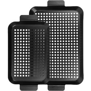 Outdoor Grill Pans Tray Barbecue Plate 2 Grilling Baskets Outdoor Grill Pans with Hole BBQ Grill Tray Grilling Basket Set for Camping Vegetable Meat (dark black)