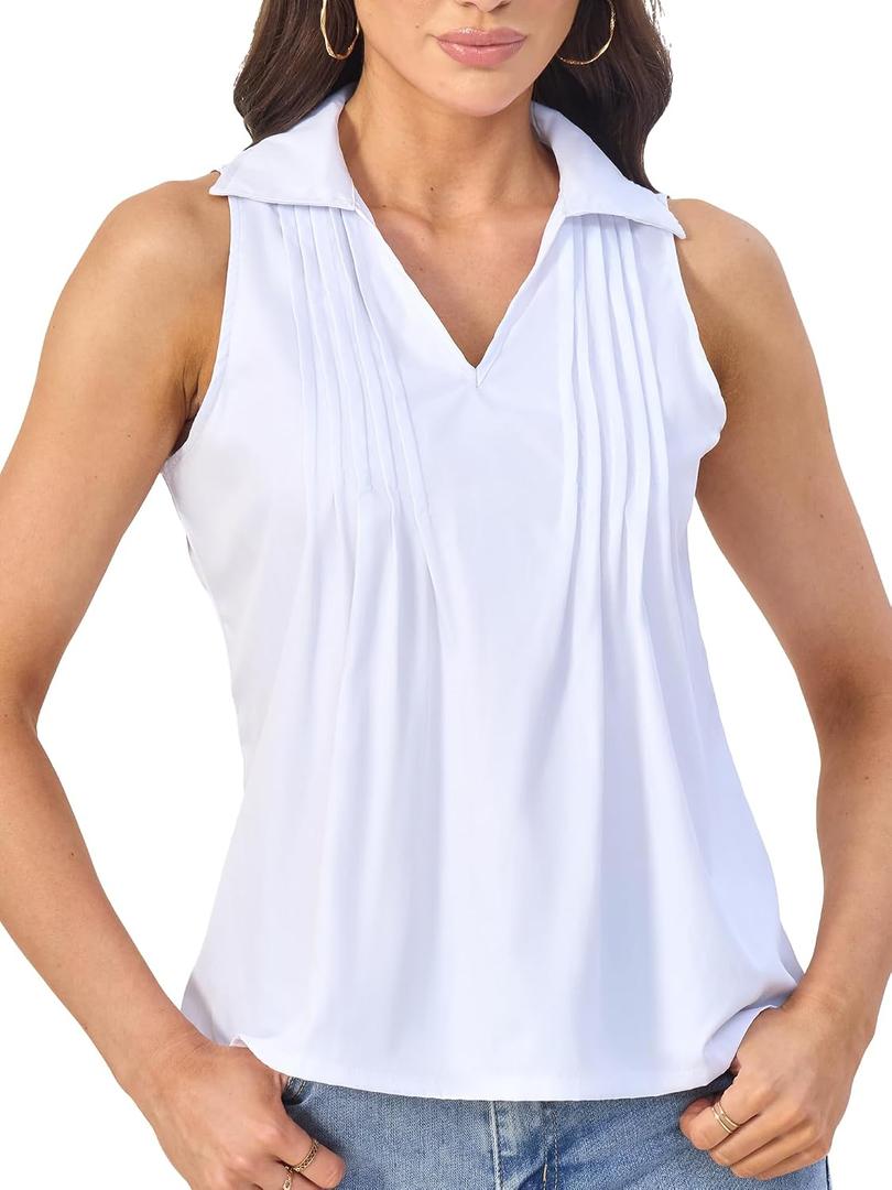 SUNNOW Women's Pintucked Collared Tank Top Sleeveless Shirt V Neck Work to Resort Blouse (White, M)