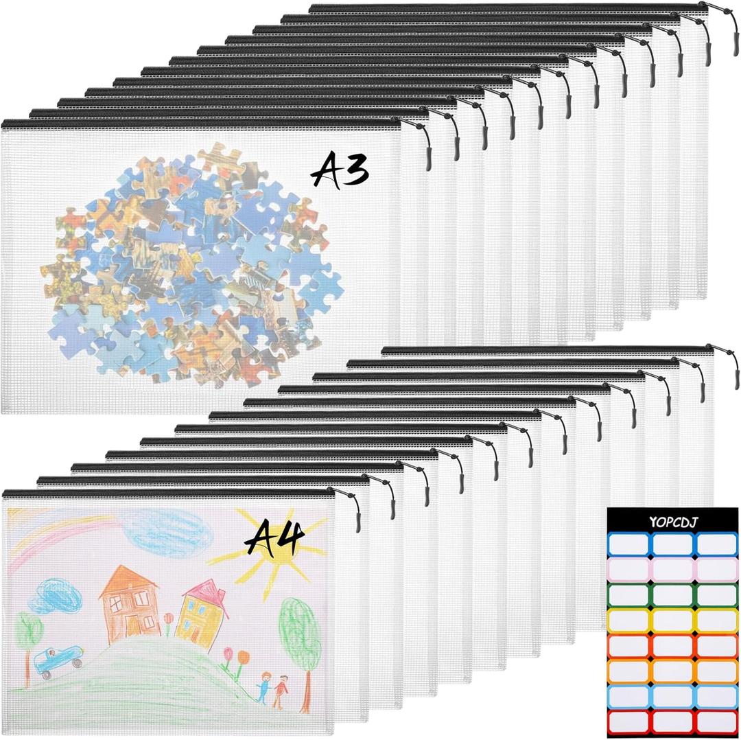 24 Pcs A4 Mesh Zipper Pouch File Bags, 12 Pcs Large A3 and 12 Pcs Letter A4, Black Reusable Zipper Bags for Organizing Storage, Waterproof Puzzle Bag, Board Game Storage and School Office Supplies