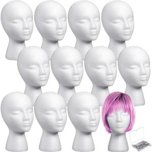 Gisafai 12 Pcs Foam Wig Head with 50 Pcs T Pins Female Foam Mannequin Wig Stand and Holder 11" Tall Cosmetics Model Head Display Hair, Hats Hairpieces Display for Home Travel Salon