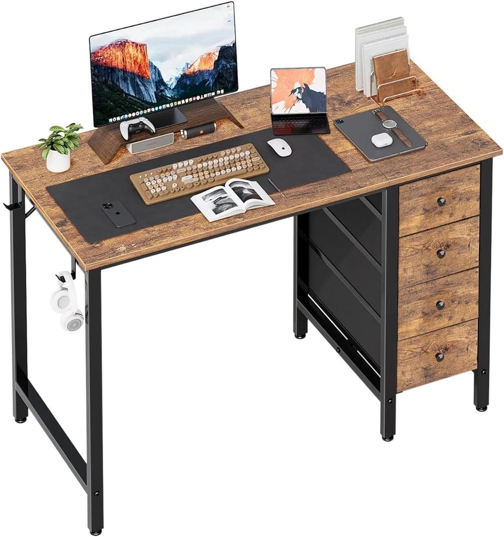Lufeiya 47 inch Computer Desk with 4 Fabric Drawers, Reversible Writing Work Study Desk for Home Office Bedroom, Modern Simple Student PC Desks, Rustic Brown