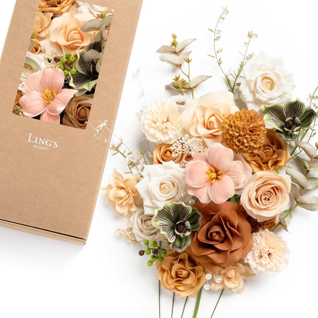 Ling's moment Fake Flowers Box, Faux Artificial Greenery Stems Foam Roses Dahlia Gardenia Tulip Silk Carnation Fabic Flower for Centerpieces Bouquet Wedding Vase, Apricot & Peach, Deluxe Combo