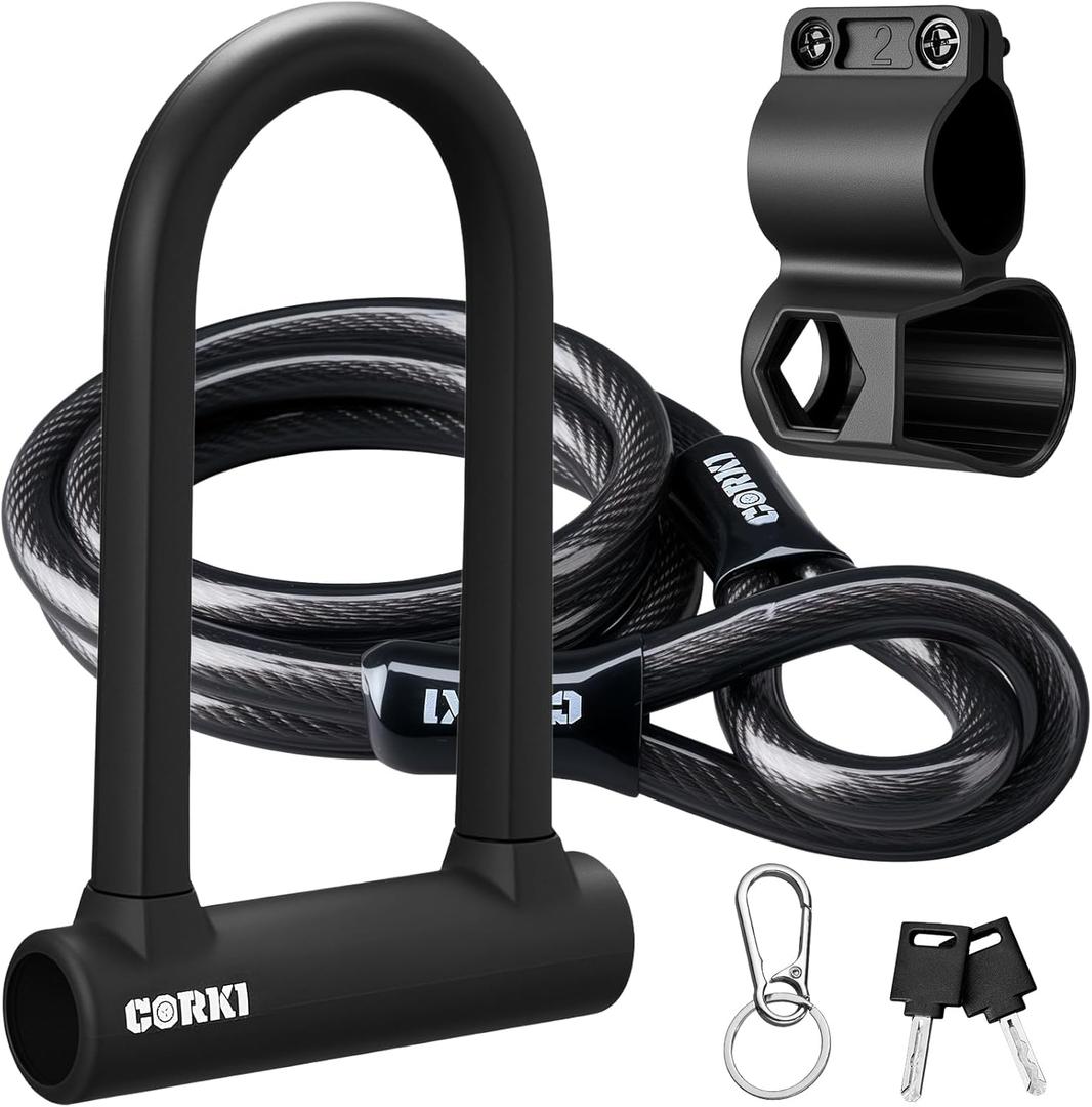 Corki Bike Lock Heavy Duty Anti Theft U Lock with 5ft Security Cable and Keys 17mm Schackle Electric Scooter Lock, Bicycle Lock with Mounting Bracket for Ebike Motorcycle -Black