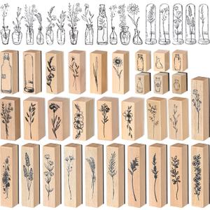 Marspark 31 Pcs Flower Wooden Rubber Stamps for Crafting Vintage Plant Decorative Cute Wood Mounted Stamps Set for DIY Scrapbook Journaling Letter Diary Planner Decoration