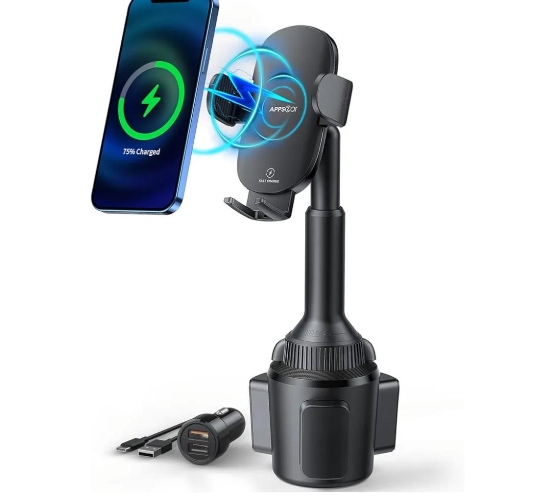 APPS2Car 15W Qi Wireless Car Charger Cup Phone Holder, Fits 3"–4" Round Cup Holders, Adjustable Long Arm & 360° Rotation, Compatible with iPhone 17 16 15 14 13 Pro Max