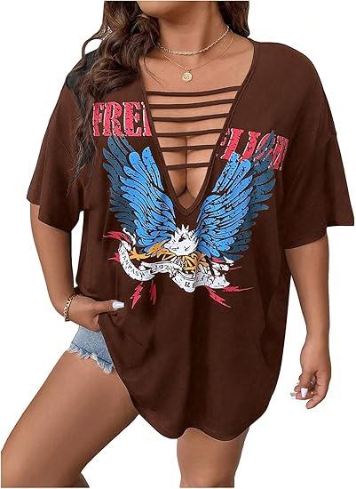 SOLY HUX Women's Plus Size Letter Graphic Tees Cut Out Deep V Neck Half Sleeve T-Shirts Tops, Size: XX-Large Plus