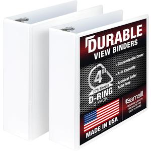 Samsill Durable 4 inch 3 Ring Binder, D Ring Binder, 100% Recycled Chipboard, White, 2 Pack