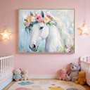 Pormipone White Horse Wall Art 24x36 Inch Framed Canvas Oil Painting