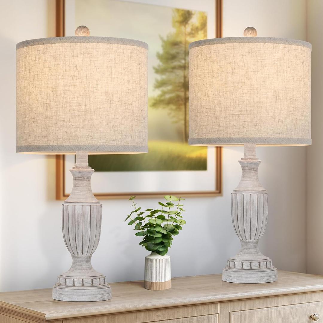 TOBUSA Farmhouse Living Room Table Lamps Set of 2, Grey Rustic Vintage Table Lamps for Bedroom Nightstand, Antique Bedside Desk Lamps with Linen Shade, 22 Traditional Resin Lamp Sets for End Table