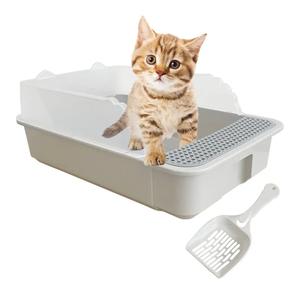 Open Small Cat Litter Box, Kitten Litter Box with Scoop Low Entry High Sides Cat Toilet Pan, Semi-Enclosed Anti-Splashing Kitty Tray for Small Space Easy to Clean(Grey)