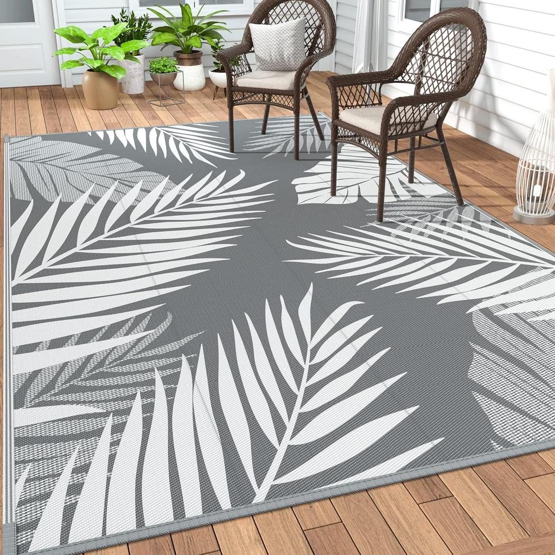 GENIMO Outdoor Rug 9' x 12' Waterproof for Patios Clearance, Reversible Plastic Straw Camping Carpet, Large Area Rugs Mats RV, Picnic, Backyard, Deck, Balcony, Porch, Beach, Grey&White