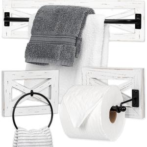 Ilyapa Rustic Towel Bar Toilet Paper Holder Set with Towel Ring for Bathroom- Wall Mounted Racks - White Wood & Black Metal Bar, Farmhouse Decor