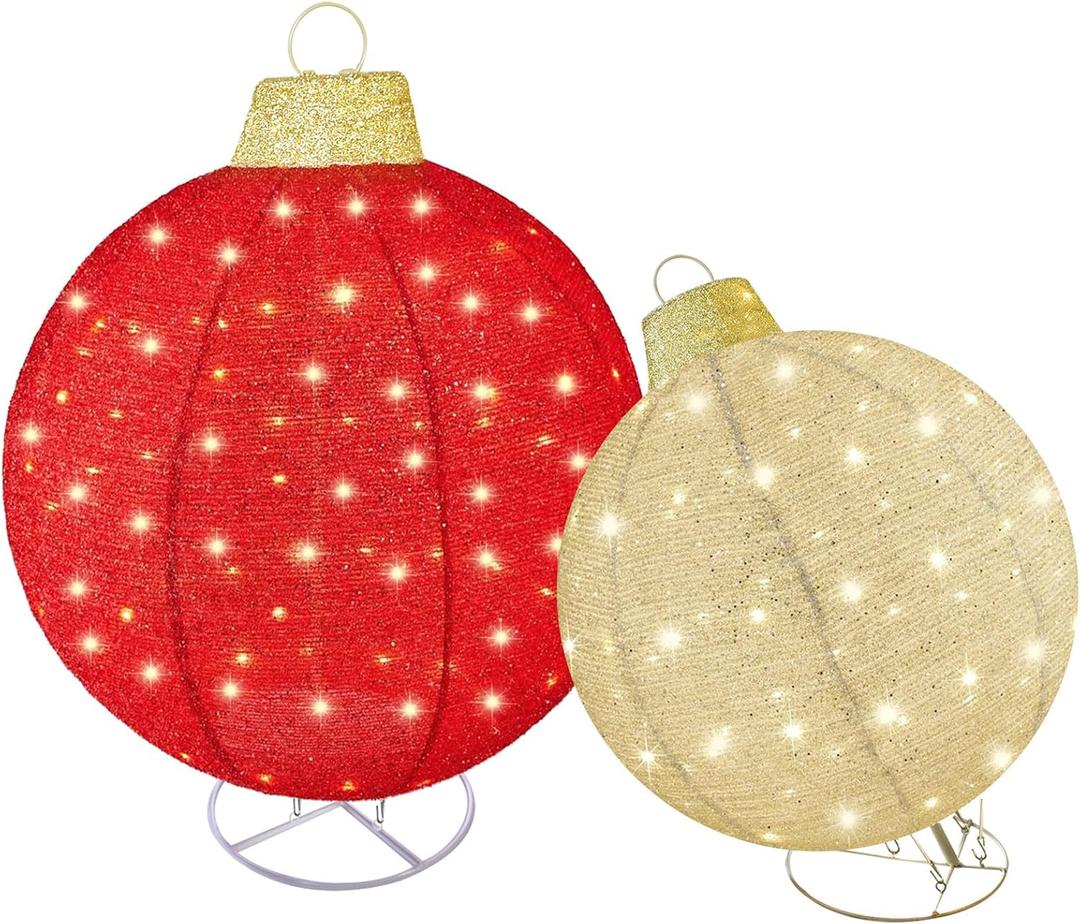 HOYECHI 2pc Lighted Pop-Up Outdoor Christmas Ornament Set Holiday Ball Decorations with 200 LED Lights, 8 Lighting Modes, for Yard & Outdoor Christmas Decor - Red/Gold, 2 oversized (38in and 30in) christmas ball ornaments