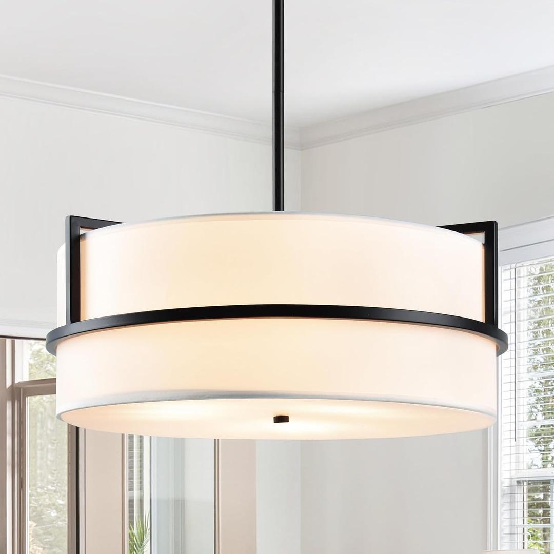 16'' Black Drum Chandelier, 3-Light Modern Chandelier with White Fabric Shade, Adjustable Height Pendant Lighting, Ceiling Light Fixture for Dining Room, Kitchen Island, Living Room, Bedroom