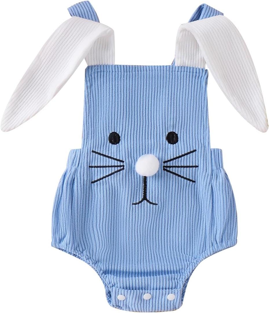 Gueuusu My First Easter Baby Boy Girl Outfit Bunny Costume Rabbit Ear Sleeveless Romper Overalls Infant Rabbit Cosplay Outfit (12-18 Months, Blue)