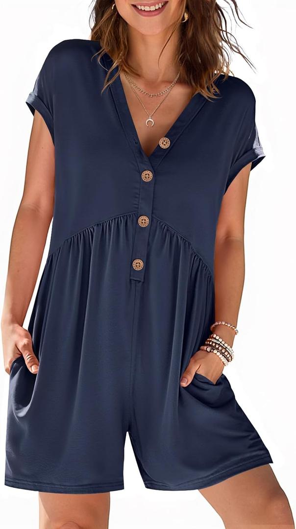 MEROKEETY Women's Summer Cap Sleeve Jumpsuits 2025 Casual V Neck Button Short Romper with Pockets, Size S
