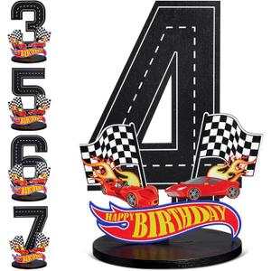 Race Car 4th Birthday Number Sign Centerpiece Race Car Theme 4th Birthday Party Supplies Wooden Table Decoration Photo Props for Boys Four Years Old