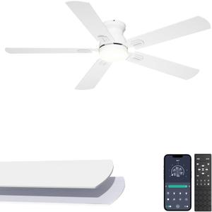 52'' Low Profile Ceiling Fan with Light, White Flush Mount Ceiling Fan for Low Ceilings, Quiet DC Motor, App/Remote Control, Modern Overhead Fan for Bedroom Living Room