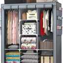 Portable Wardrobe with 10 Storage Racks and 2 Hanging Poles, 6 Side Pockets Non-Woven Cover, Size 130 x 45 x 172 cm, Bedroom Closet Organizer (Gray) (1 Year Ash)