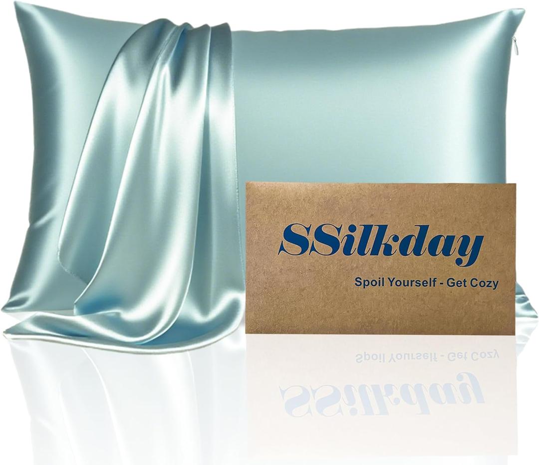 Mulberry Silk Pillow Cases with Zipper, Ultra Smooth Soft Breathable Cooling Pillow Cases for Hot Sleepers, Silk Satin Pillowcase for Hair and Skin, Gifts for Women (Haze Blue, Queen Size, 1 Pack) (Queen - 2030 Inch)