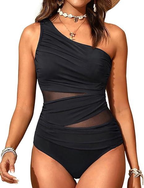 Aqua Eve Women Mesh One Piece Swimsuit - Tummy Control One Shoulder Bathing Suit Cut Out Swimwear 2025 16W