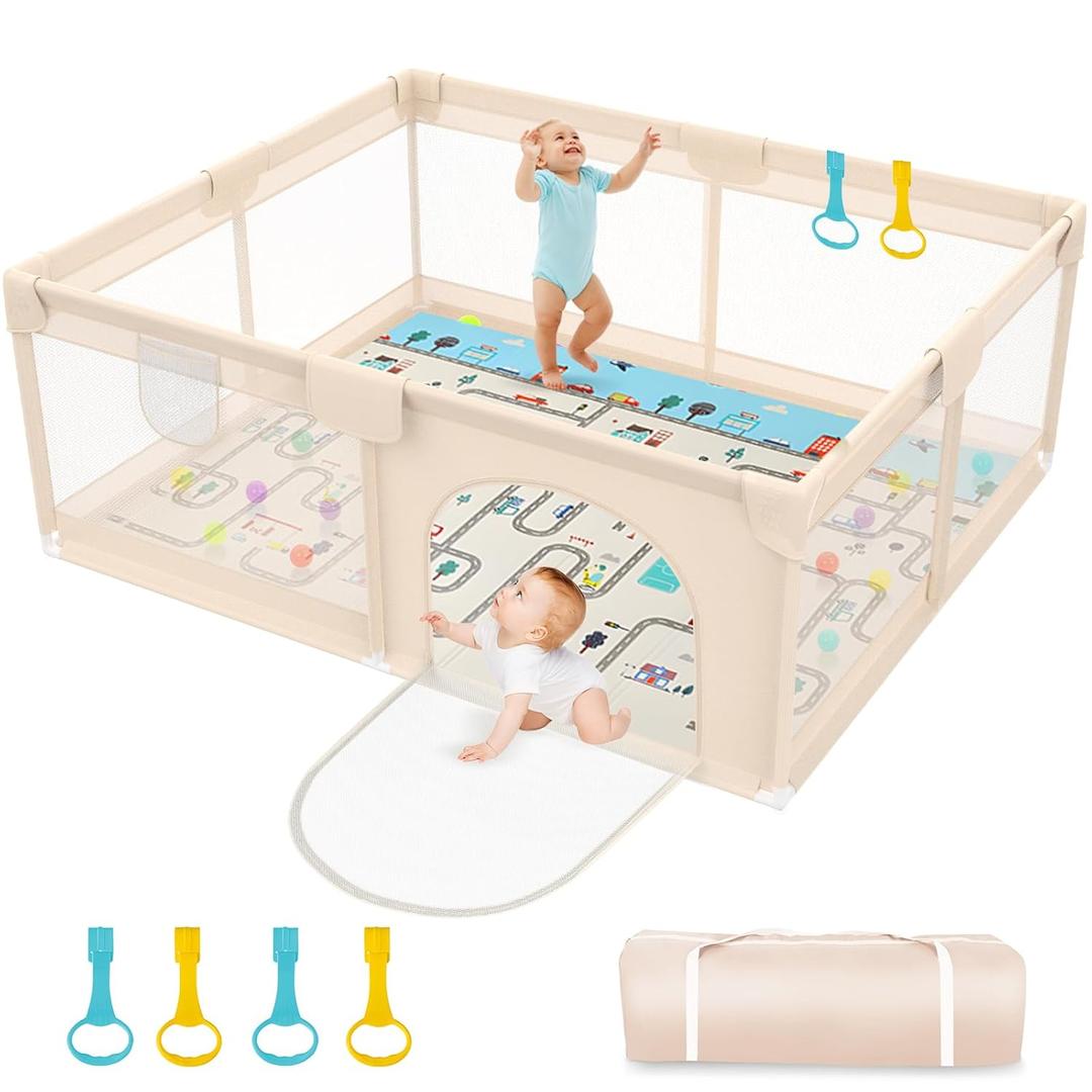 Baby Playpen with Mat 79x71inch - Extra Large Playpen for Babies and Toddlers Indoor & Outdoor Baby Playpen with Soft Breathable Mesh Cover - Sturdy Foam Baby Gate Playpen(Apricot) (79x71+mat)